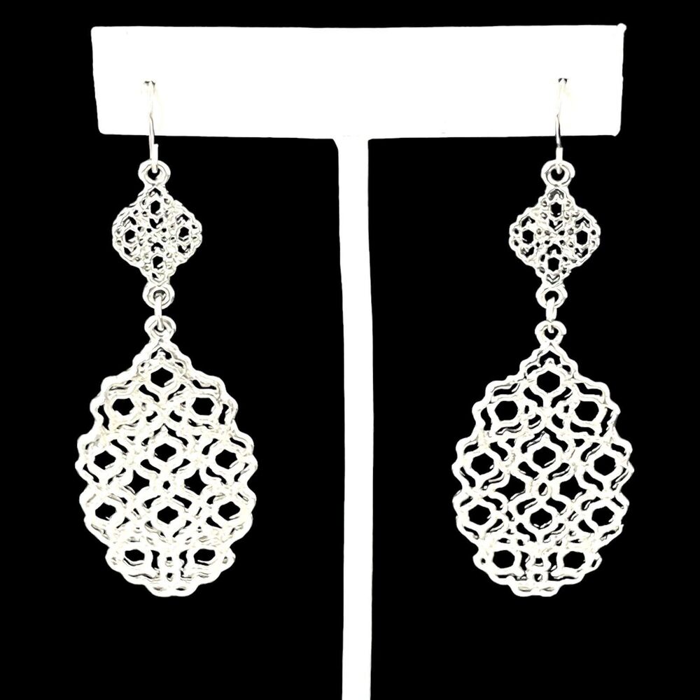 New Silver Tone Earrings Textured Open Design Dangle - 5A